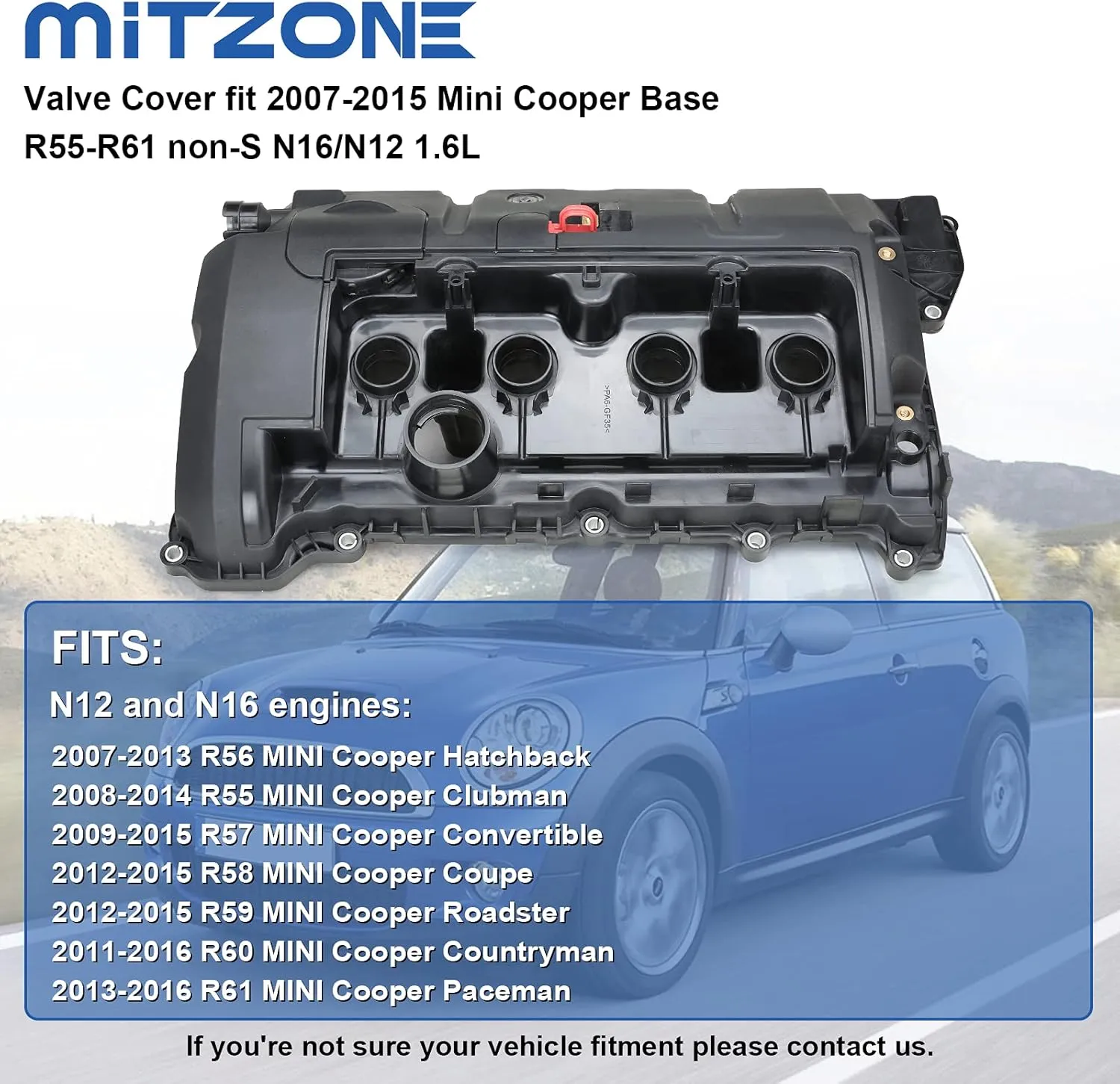 MITZONE Cylinder Head Valve Cover Compatible for 2007-2015 Mini Cooper Base R55-R61 non-S N16/N12 1.6L Replace 11127646554