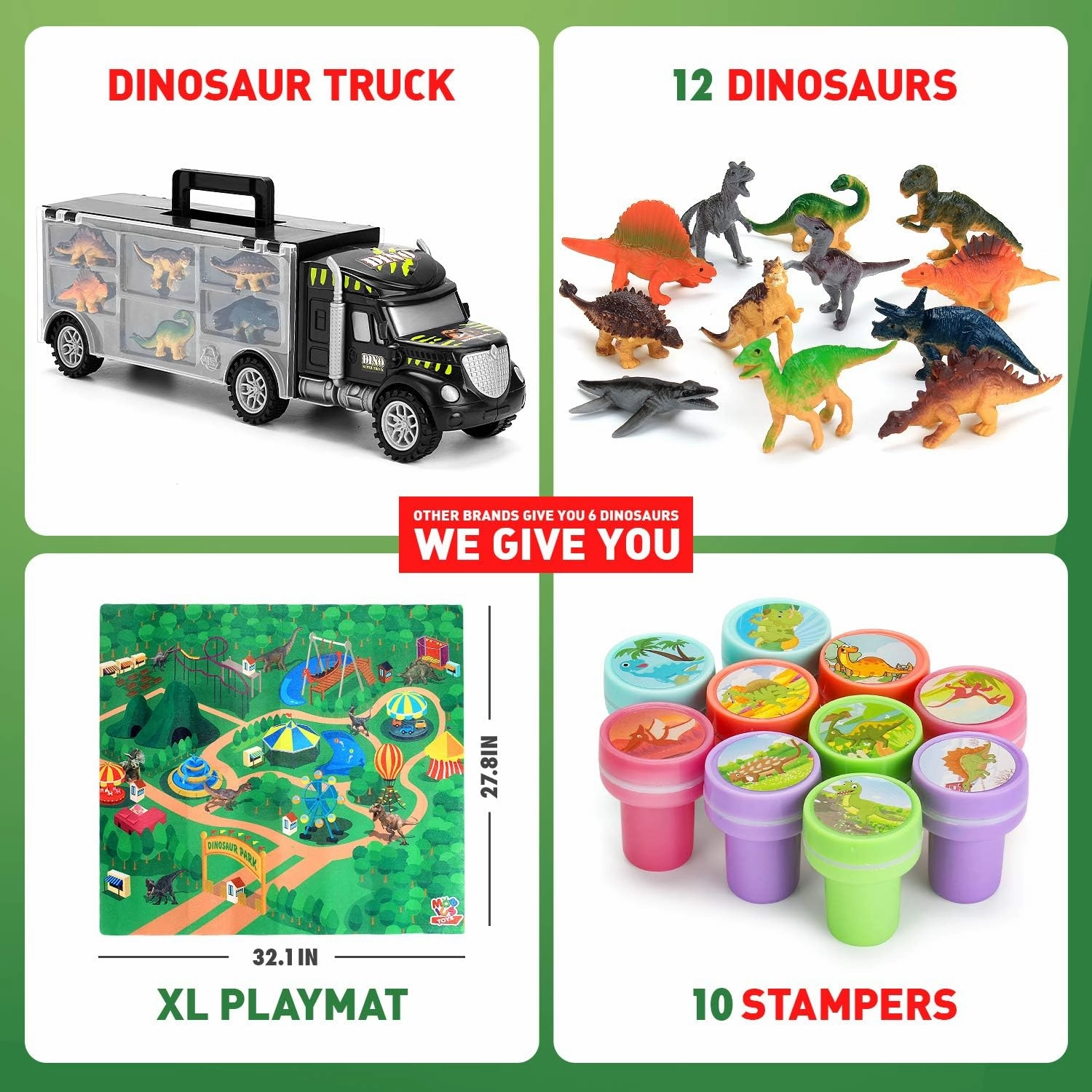 MOBIUS Toys Dinosaur Truck Carrier - Dinosaurs Playset with 12 Toy Action Figures - World Dino Toy Set with XL Playmat for Toddlers Boys or Girls, 3 to 7 Years Old