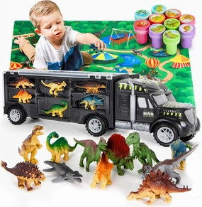 MOBIUS Toys Dinosaur Truck Carrier - Dinosaurs Playset with 12 Toy Action Figures - World Dino Toy Set with XL Playmat for Toddlers Boys or Girls, 3 to 7 Years Old