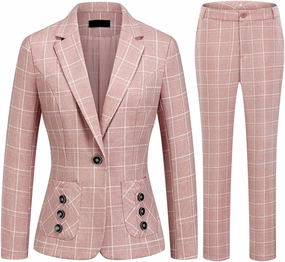 MODFUL Women's 2 Piece Business Plaid Suit Set Office One Button Slim Fit Blazer with Pant