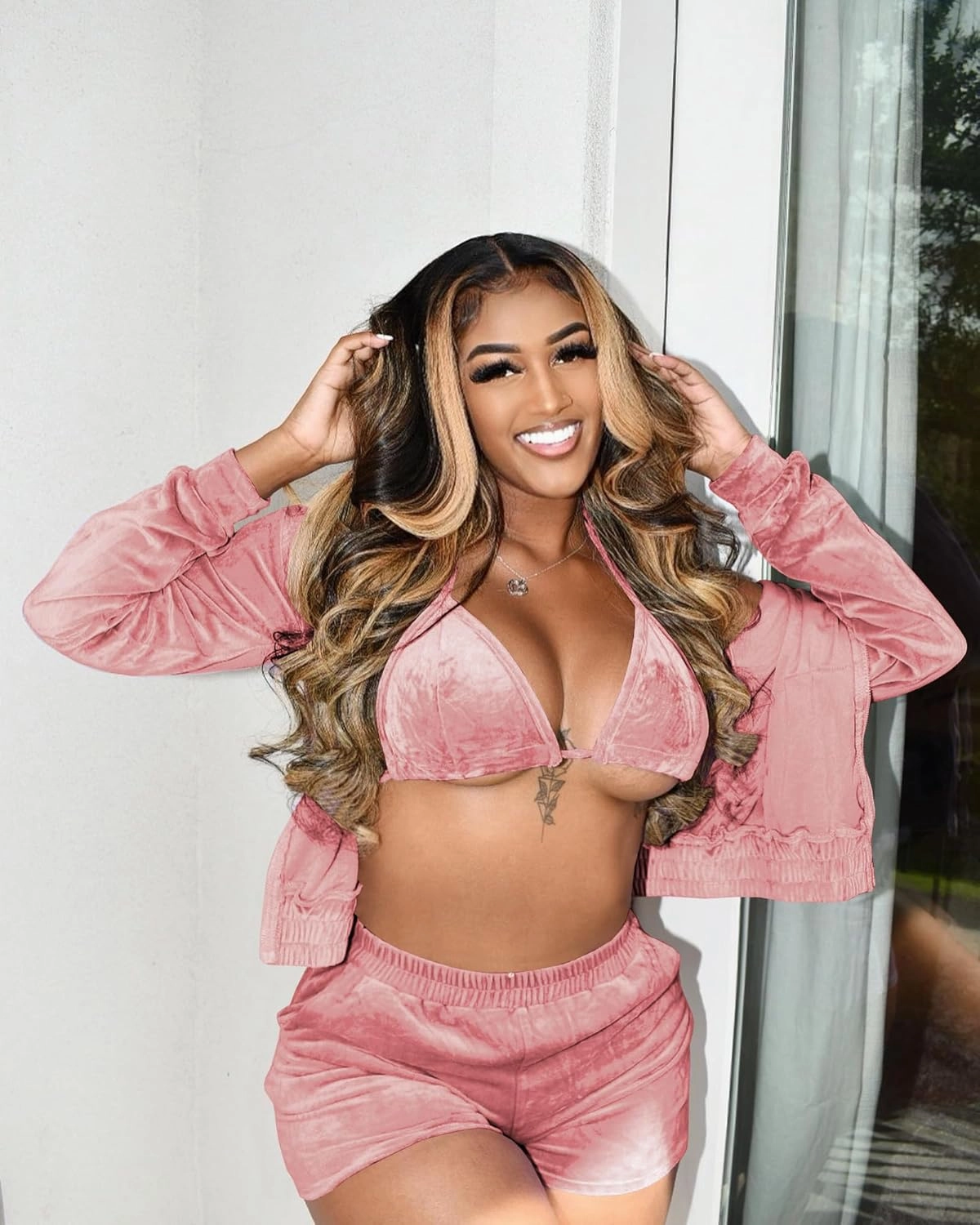 MOEENCN Women Sweatsuits Sets 3 Piece Outfits, Velvet Tracksuit Long Sleeve Hooded Zipper Jacket and Velvet Shorts Send Bra