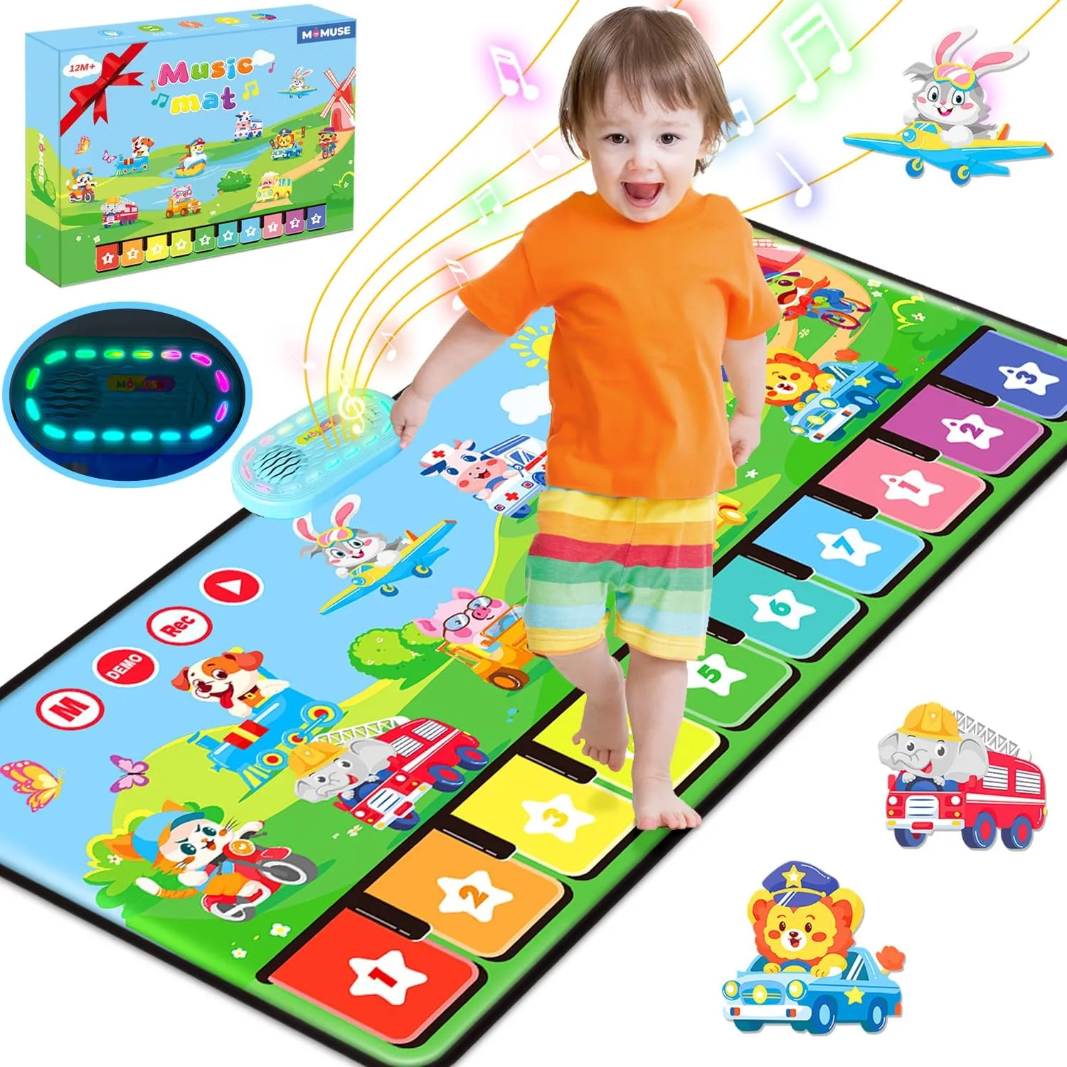 MOMUSE Piano Music Mat with 80 Sounds, Large Animal Car Touch Blanket Playmat Carpet Musical Toys for Toddlers 1-3, Portable Floor Keyboard Dance Mat Gifts for 1 2 3 4 5 Years Old Boys Girls (43×18")