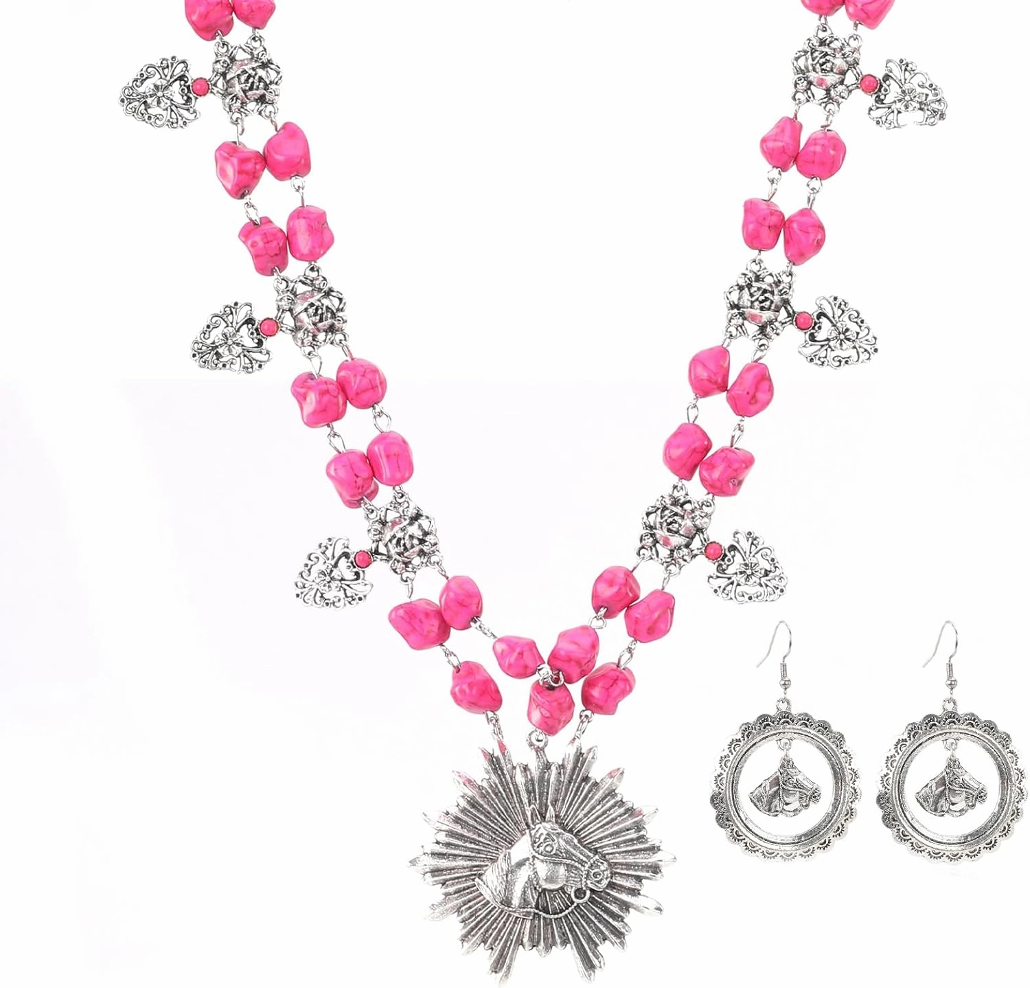 Montana West Wrangler 3 Pieces Jewelry Set for Women Western Cowgirl Necklace Earring Set.