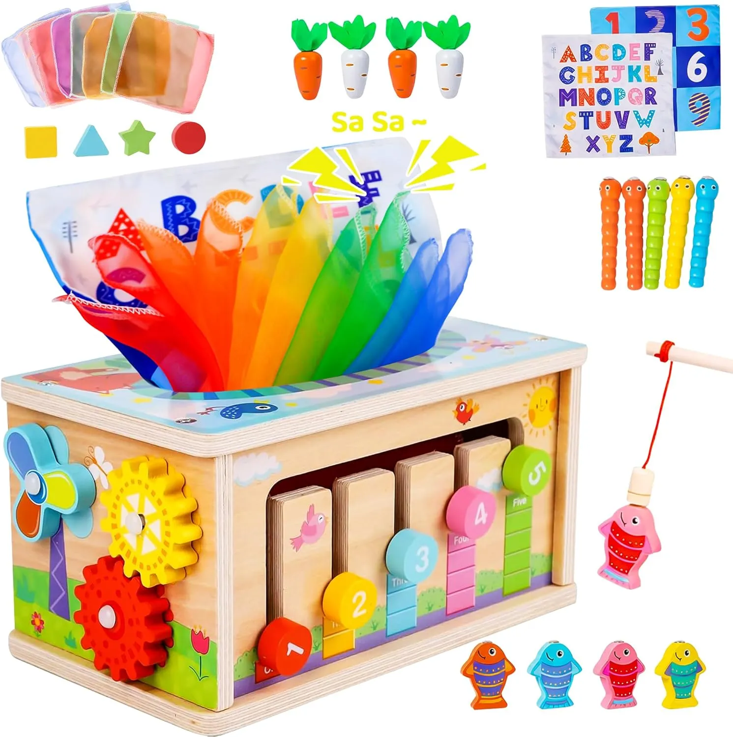 Montessori Baby Wooden Tissue Box Toy 6-in-1 Sensory Tissue Box Toy for Babies 36  Months Developmental Toys for Babies, Gift for Babies 36  Months