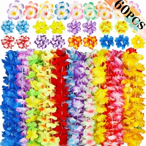Moon Boat 60PCS Hawaiian Luau Leis Party Decorations Supplies Set - Tropical Tiki Flowers Necklaces   Bracelets   Hair Clips Bulk Summer Pool Birthday Decor Favors