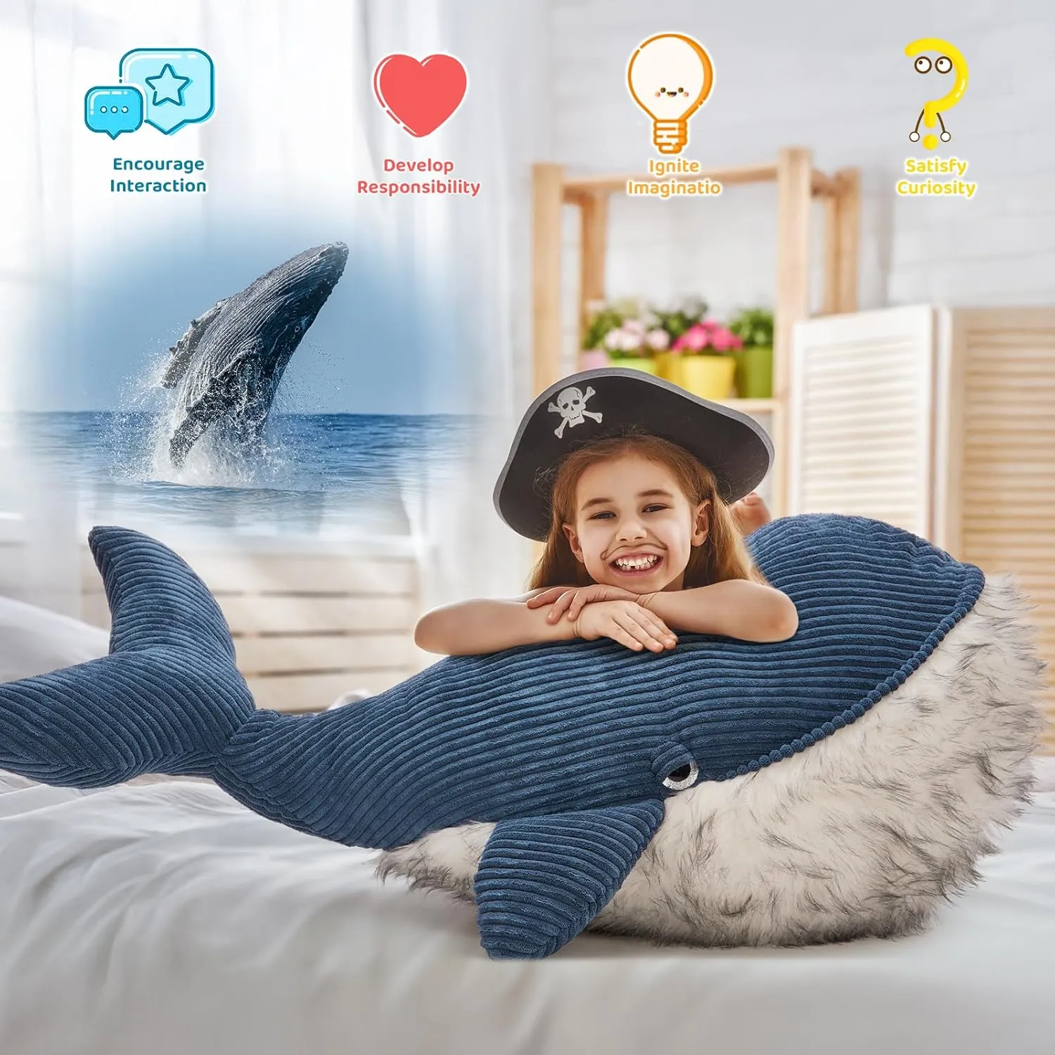 MorisMos Giant Blue Whale Stuffed Animal Plush Pillow, Huge 43.3" Plush Whale Toy for Kid/Adult, 4ft Large Stuffed Animal Ocean/Sea Toy Gift for Marine Creature Lover, Sea Life Decor, CE/CPC Certified