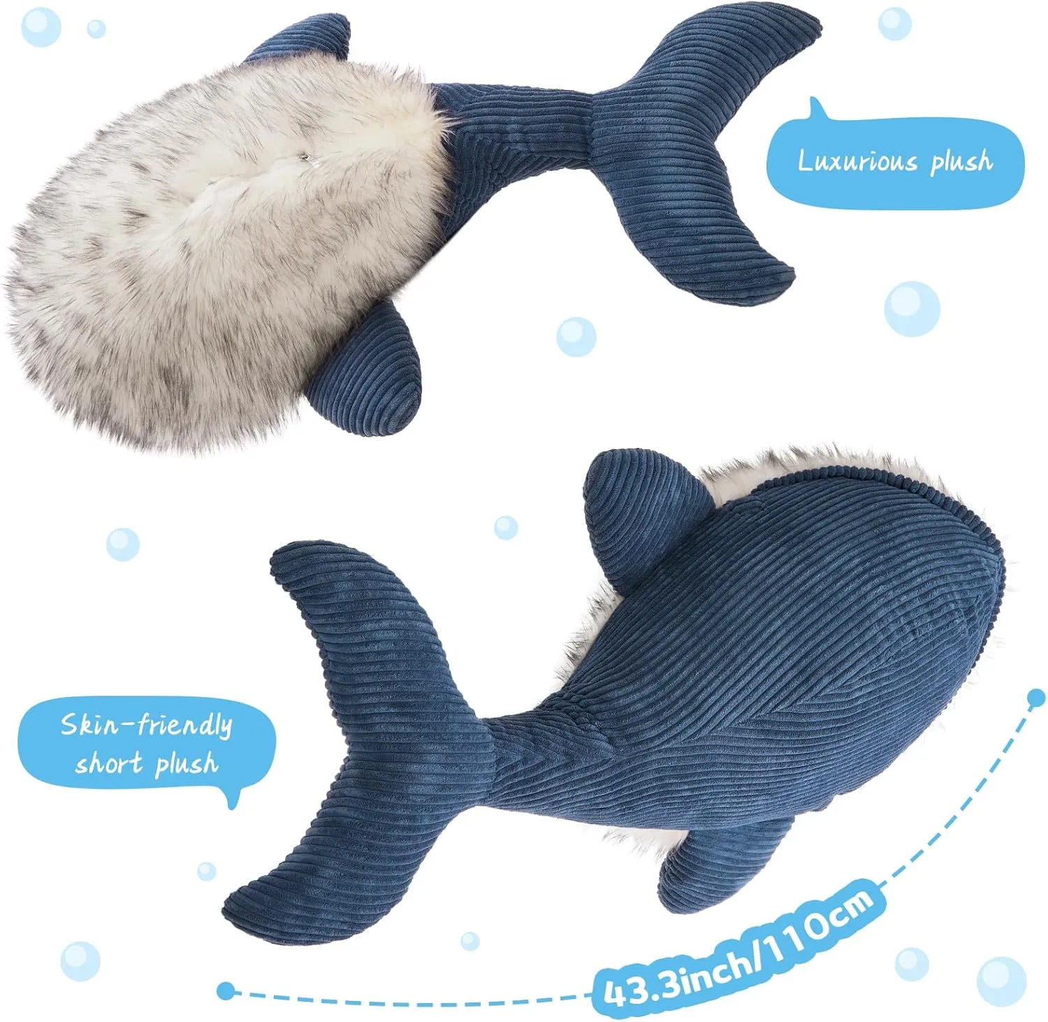 MorisMos Giant Blue Whale Stuffed Animal Plush Pillow, Huge 43.3" Plush Whale Toy for Kid/Adult, 4ft Large Stuffed Animal Ocean/Sea Toy Gift for Marine Creature Lover, Sea Life Decor, CE/CPC Certified