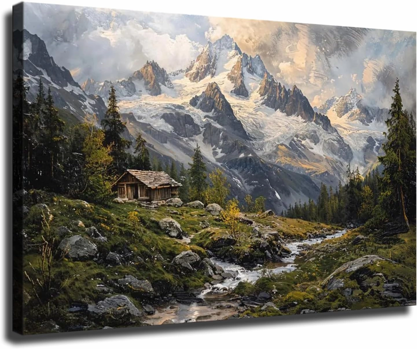Mountain Snowy Peaks Wall Art, Alpine Scenery Wall Art, Cabin Wilderness Wall Art For Home Ready to Hang (Framed,24×36-inch)