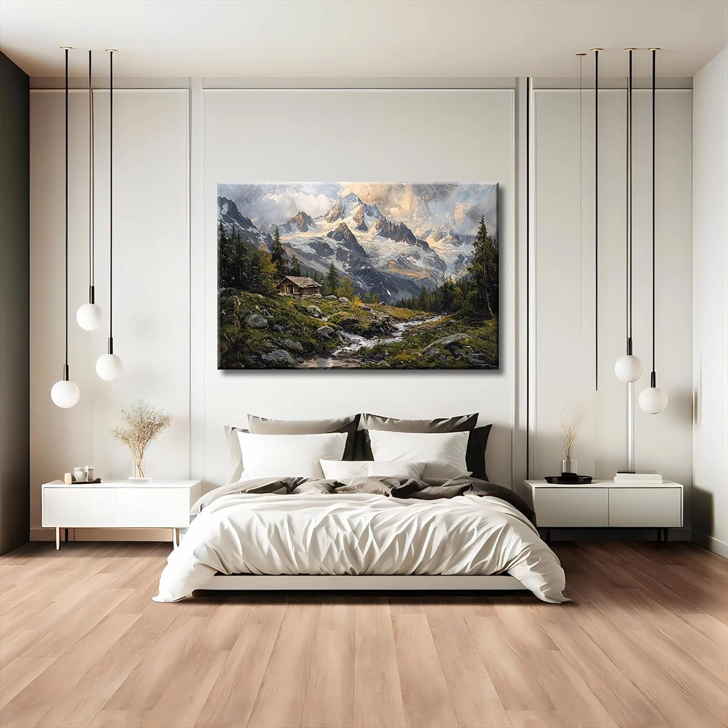 Mountain Snowy Peaks Wall Art, Alpine Scenery Wall Art, Cabin Wilderness Wall Art For Home Ready to Hang (Framed,24×36-inch)