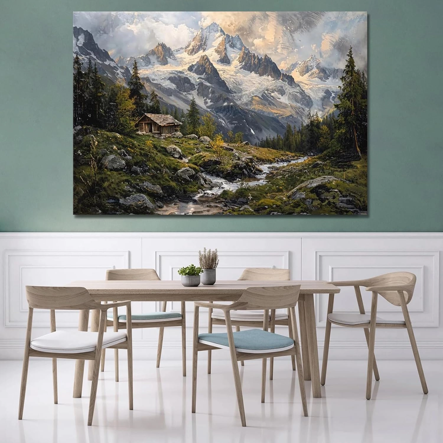 Mountain Snowy Peaks Wall Art, Alpine Scenery Wall Art, Cabin Wilderness Wall Art For Home Ready to Hang (Framed,24×36-inch)