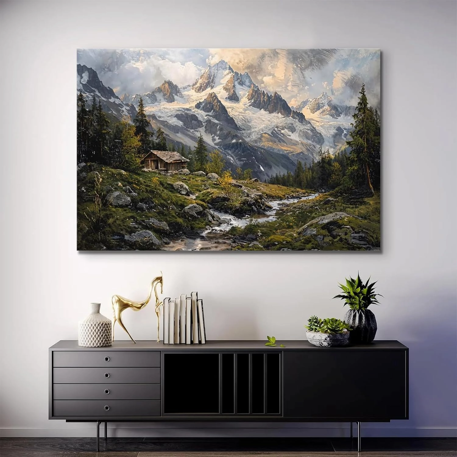 Mountain Snowy Peaks Wall Art, Alpine Scenery Wall Art, Cabin Wilderness Wall Art For Home Ready to Hang (Framed,24×36-inch)