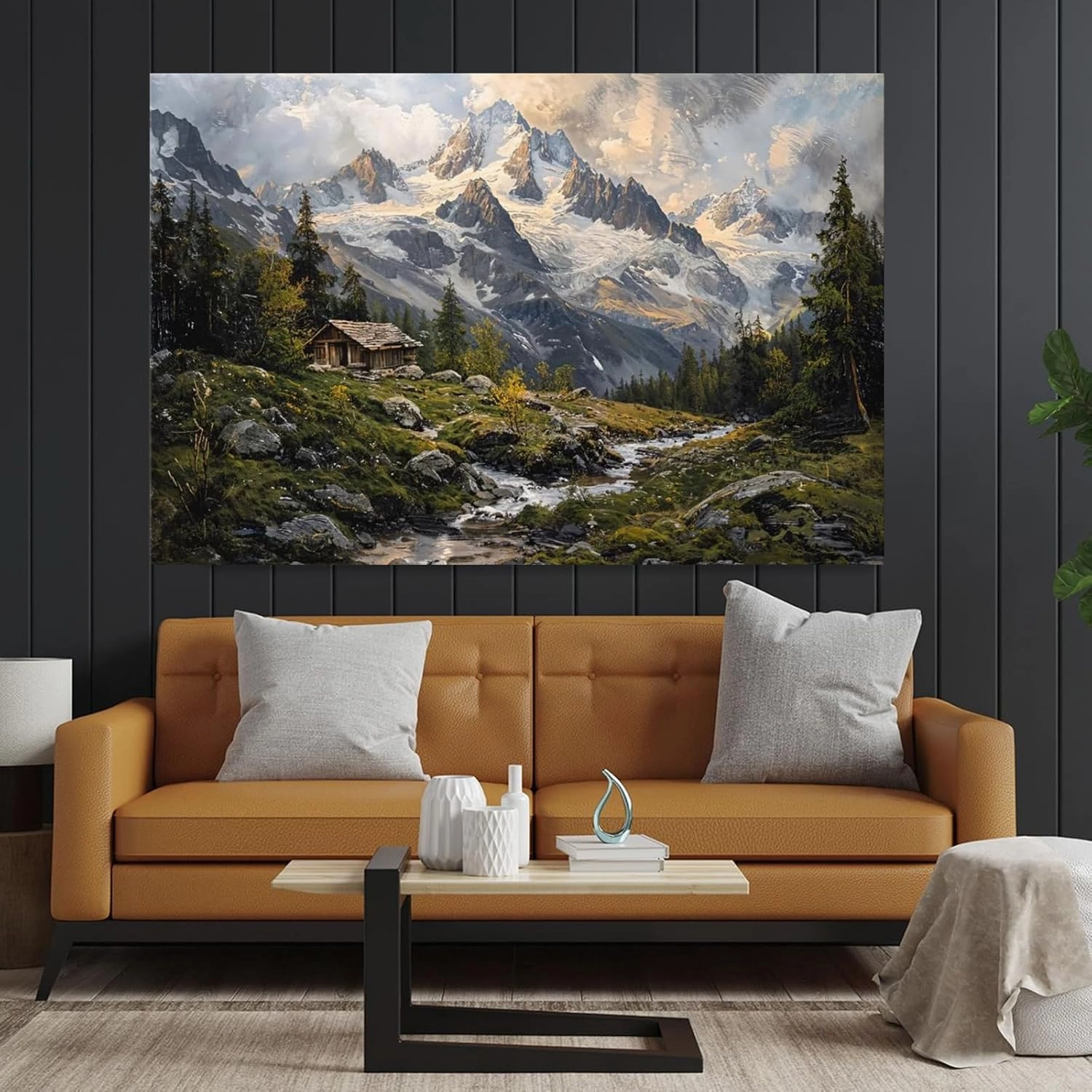 Mountain Snowy Peaks Wall Art, Alpine Scenery Wall Art, Cabin Wilderness Wall Art For Home Ready to Hang (Framed,24×36-inch)