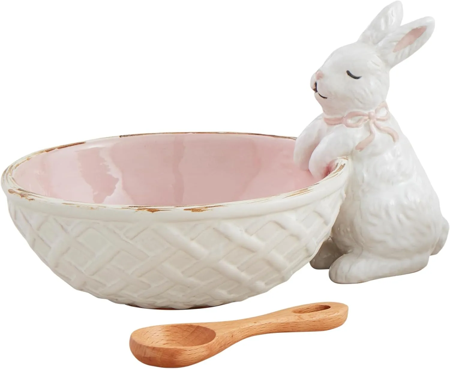 Mud Pie Bunny Candy Dish Set Serving & Salad, bowl 4" x 5" | spoon 3 1/2", Pink