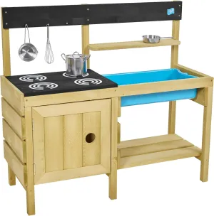 Mud Play Kitchen For Kids - Indoor, Outdoor Wooden Toy Toddler Kitchen Playset with Accessories, Durable, Weatherproof, Removable Sink, Chalkboard, Wood Burner Stencils, Easy Assembly, Ages 3 