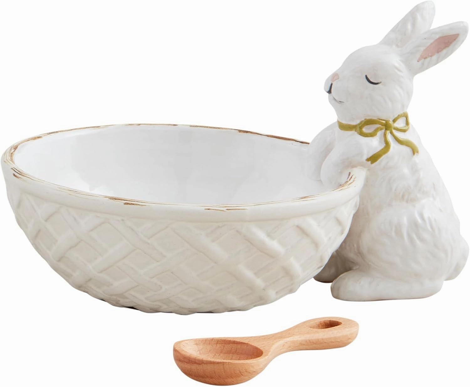 Mud Pie Bunny Candy Dish Set Serving & Salad, bowl 4" x 5" | spoon 3 1/2", White