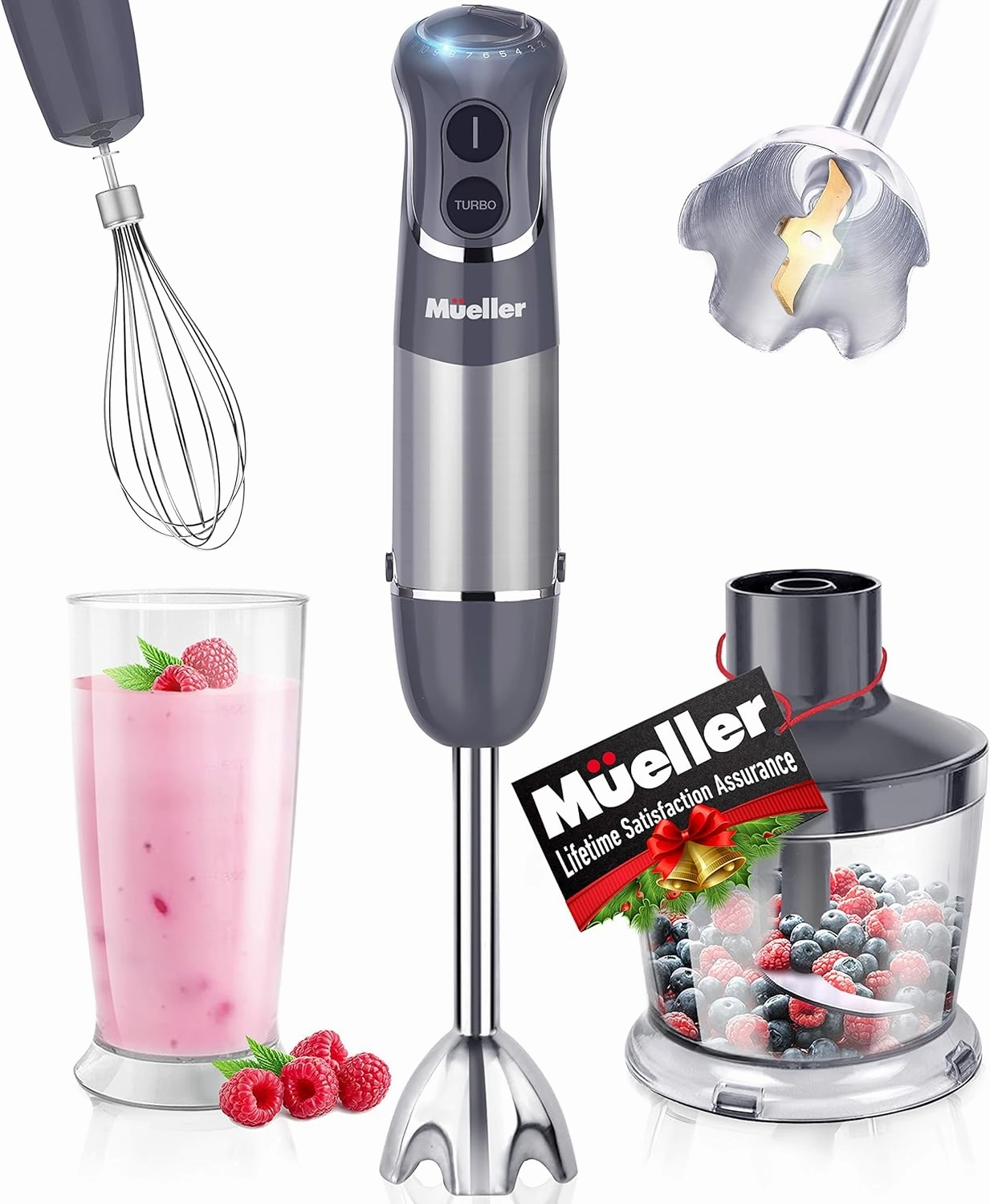 Mueller Multistick 800W 4-in-1 Immersion Blender Handheld, 12 Speed Hand Mixer - Turbo Boost, Heaviest Duty Copper Motor, Titanium Blades Hand Blender, Milk Frother Wand, Whisk, Beaker, Chopper, Grey