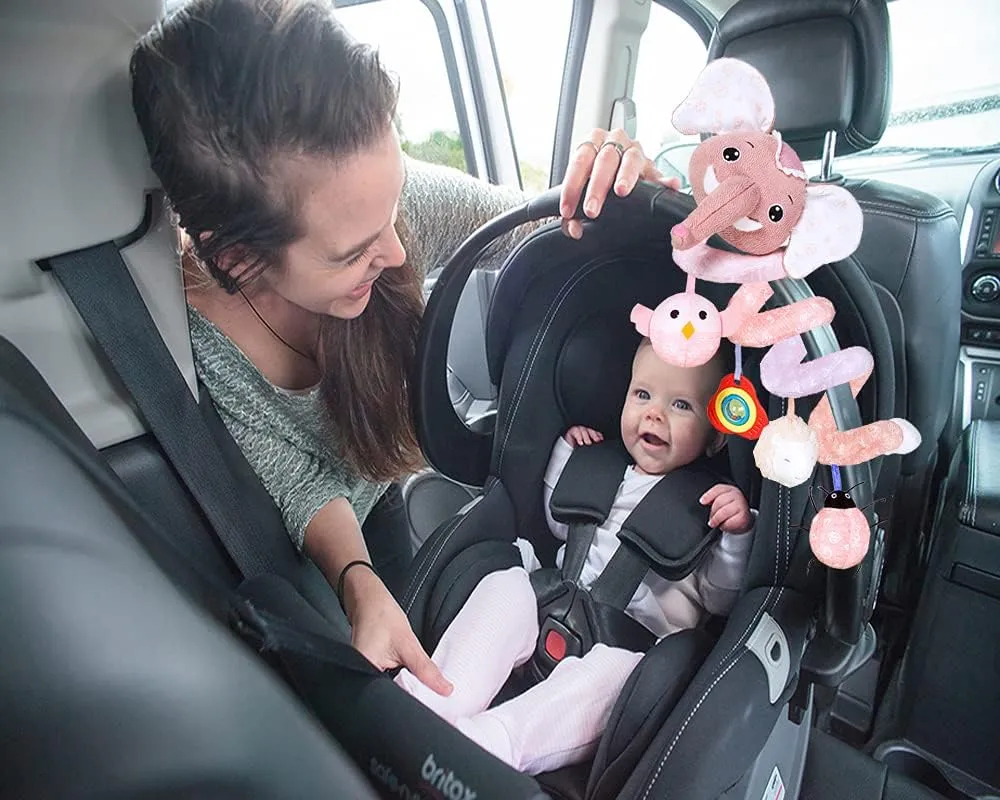 Musical Owl Rattle Sheep Pink Elephant Car Seat Toys for Babies 0-6 Months, Hanging Stroller Toys for Baby Girls 3-6 Month, Newborn Girl Infants Gift Toy