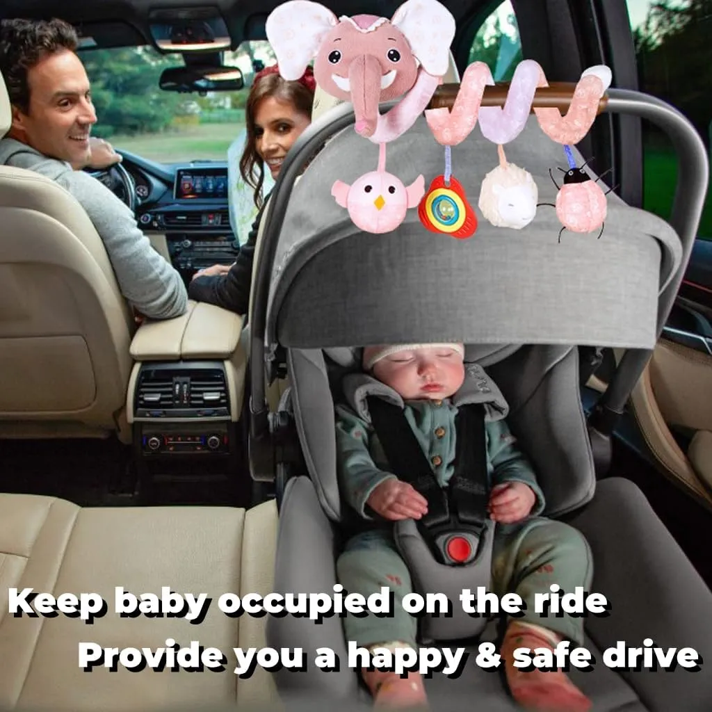 Musical Owl Rattle Sheep Pink Elephant Car Seat Toys for Babies 0-6 Months, Hanging Stroller Toys for Baby Girls 3-6 Month, Newborn Girl Infants Gift Toy
