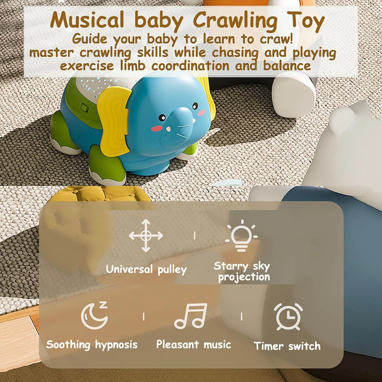 Musical Baby Crawling Toy - Turtle or Elephant Sensory Toy - 5 in 1 Multifunctional with Lighting and Sound, Tummy Time Toy, Gifts for 18  Months Toddlers Kids (Elephant)