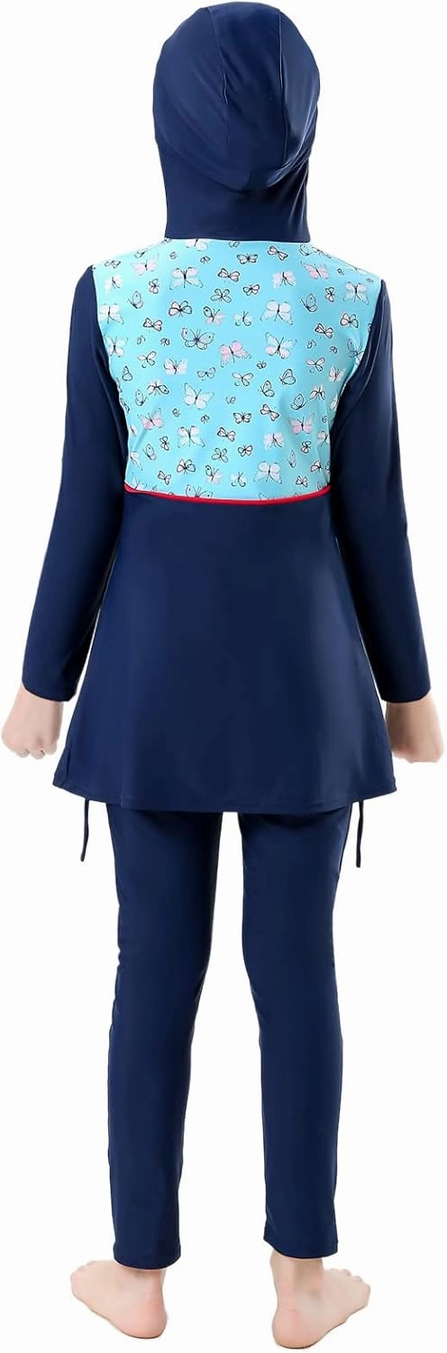 Muslim Swimsuits for Girls Kids Butterfly Islamic Swimwear Burkini Full Cover Hijab Top Pants Swim Costume Bathing Suit