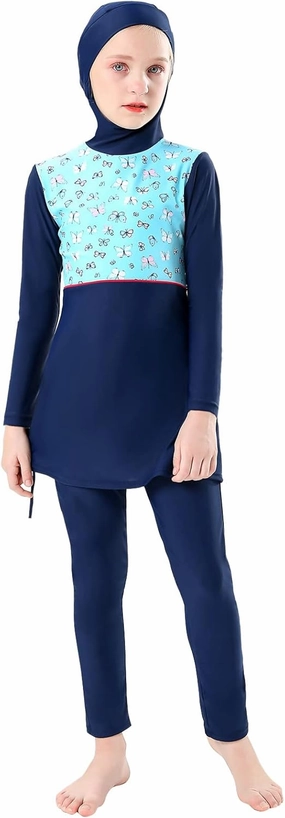 Muslim Swimsuits for Girls Kids Butterfly Islamic Swimwear Burkini Full Cover Hijab Top Pants Swim Costume Bathing Suit
