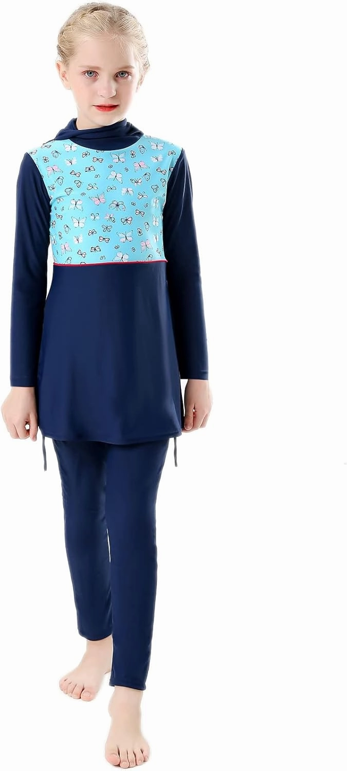 Muslim Swimsuits for Girls Kids Butterfly Islamic Swimwear Burkini Full Cover Hijab Top Pants Swim Costume Bathing Suit