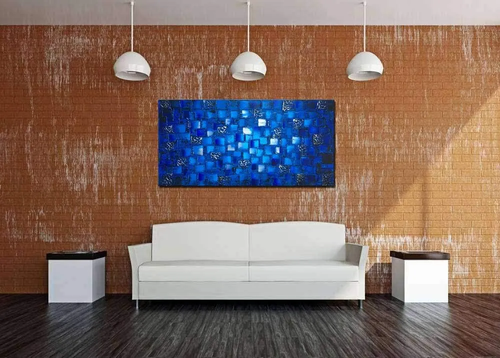 MyArton Large Thick Abstract Dark Blue add Silver Square Wall Art Hand Painted Artwork Textured Oil Painting on Canvas Framed Ready to Hang 60x30inch