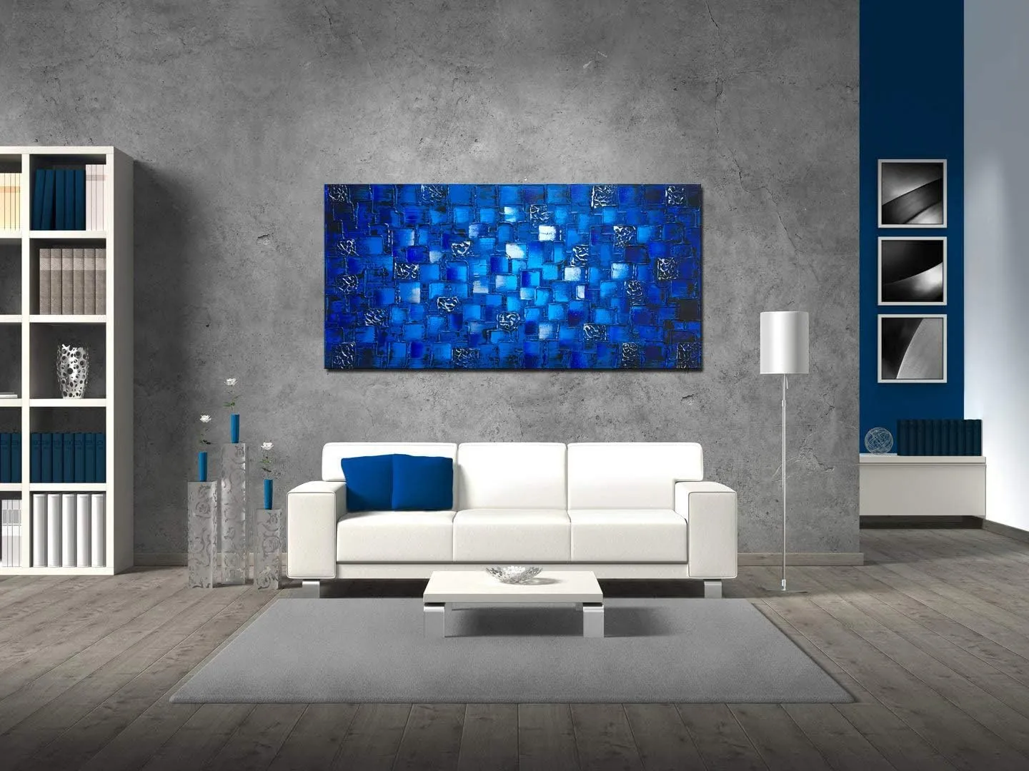 MyArton Large Thick Abstract Dark Blue add Silver Square Wall Art Hand Painted Artwork Textured Oil Painting on Canvas Framed Ready to Hang 60x30inch