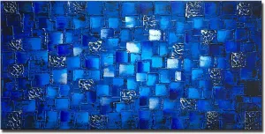 MyArton Large Thick Abstract Dark Blue add Silver Square Wall Art Hand Painted Artwork Textured Oil Painting on Canvas Framed Ready to Hang 60x30inch