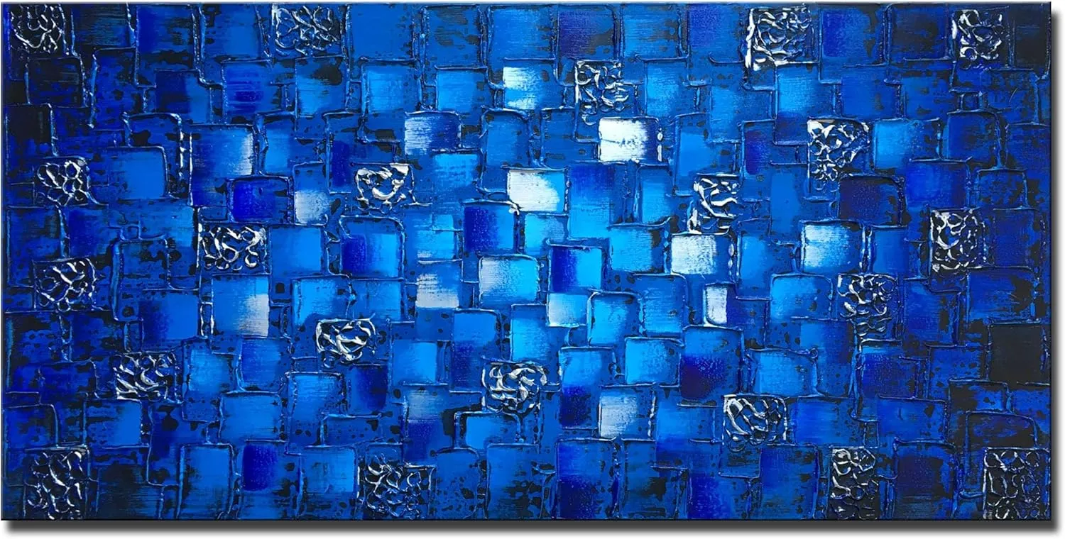 MyArton Large Thick Abstract Dark Blue add Silver Square Wall Art Hand Painted Artwork Textured Oil Painting on Canvas Framed Ready to Hang 60x30inch