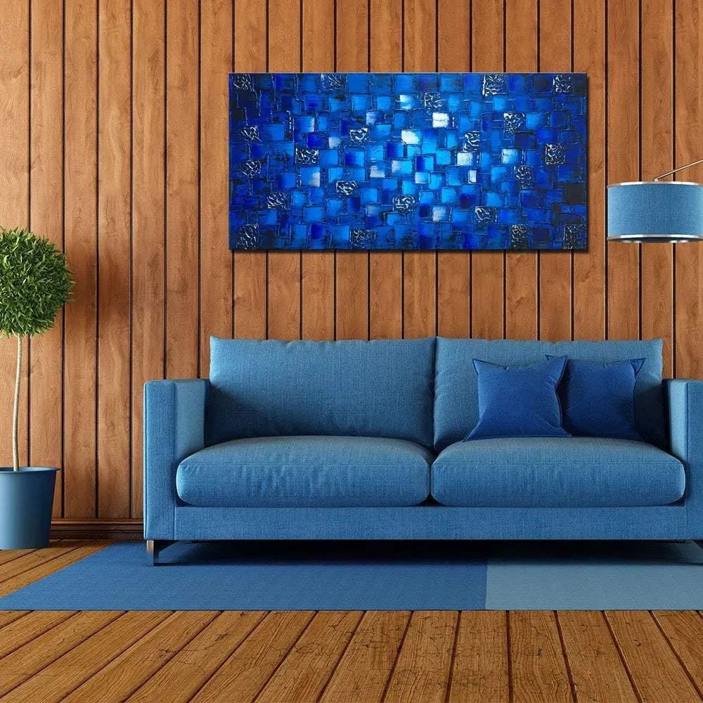 MyArton Large Thick Abstract Dark Blue add Silver Square Wall Art Hand Painted Artwork Textured Oil Painting on Canvas Framed Ready to Hang 60x30inch