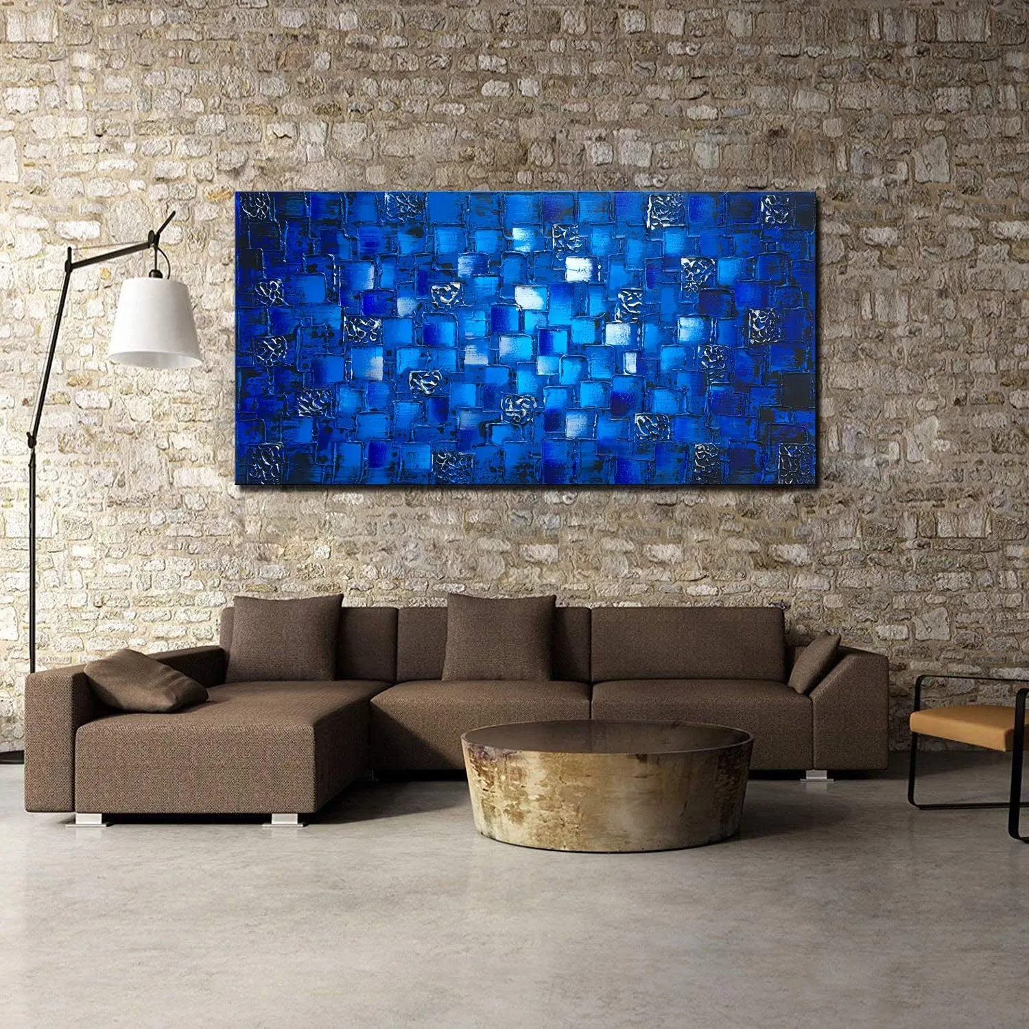 MyArton Large Thick Abstract Dark Blue add Silver Square Wall Art Hand Painted Artwork Textured Oil Painting on Canvas Framed Ready to Hang 60x30inch