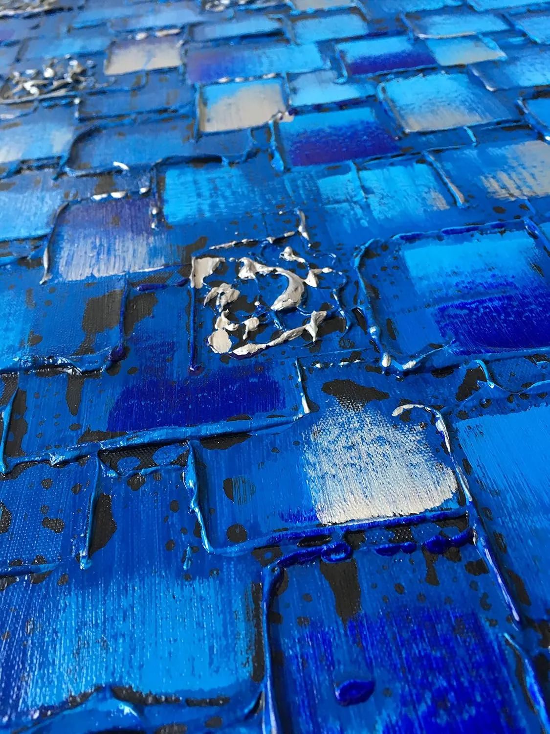 MyArton Large Thick Abstract Dark Blue add Silver Square Wall Art Hand Painted Artwork Textured Oil Painting on Canvas Framed Ready to Hang 60x30inch