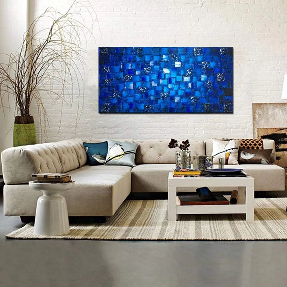 MyArton Large Thick Abstract Dark Blue add Silver Square Wall Art Hand Painted Artwork Textured Oil Painting on Canvas Framed Ready to Hang 60x30inch