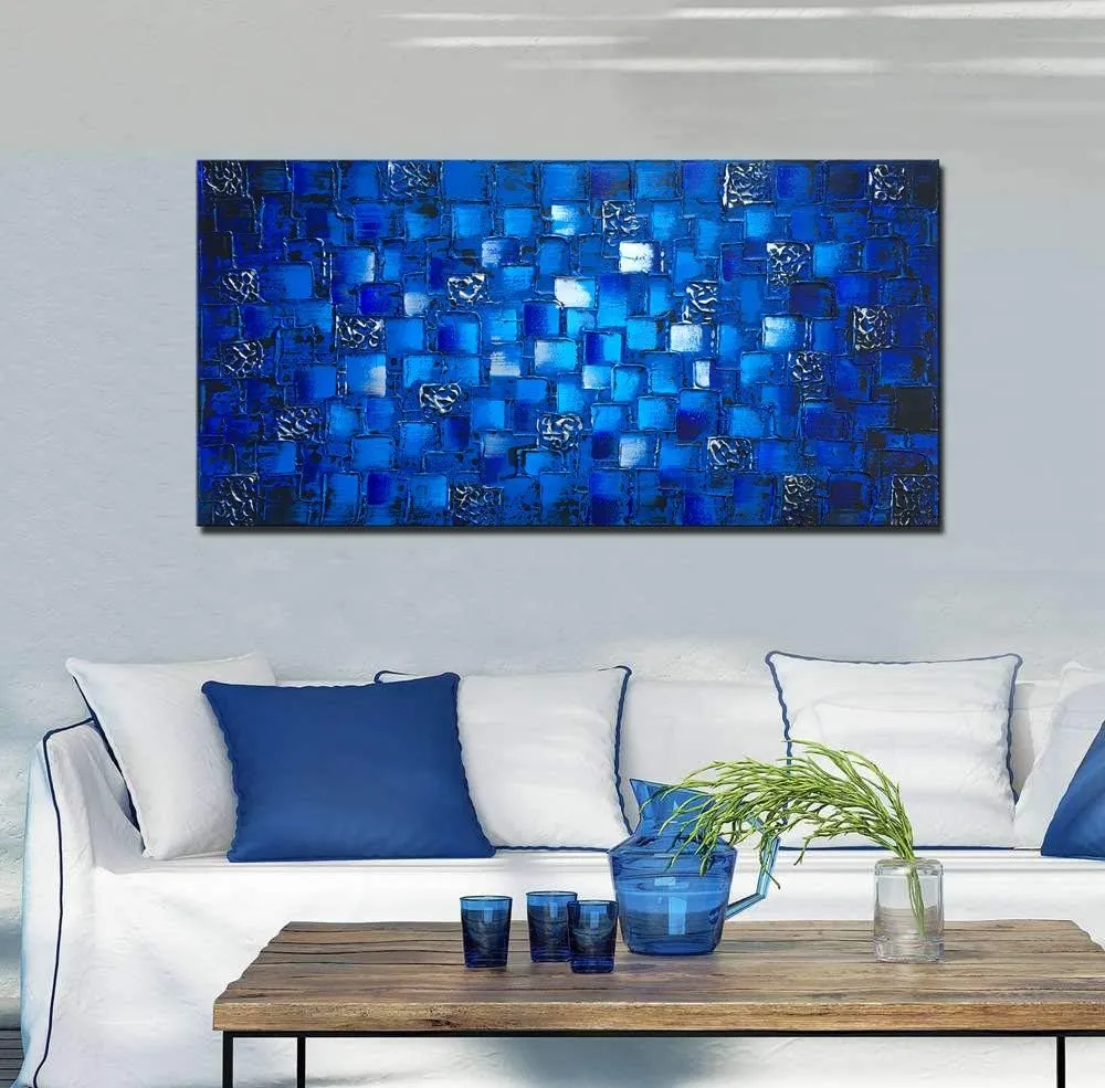 MyArton Large Thick Abstract Dark Blue add Silver Square Wall Art Hand Painted Artwork Textured Oil Painting on Canvas Framed Ready to Hang 60x30inch