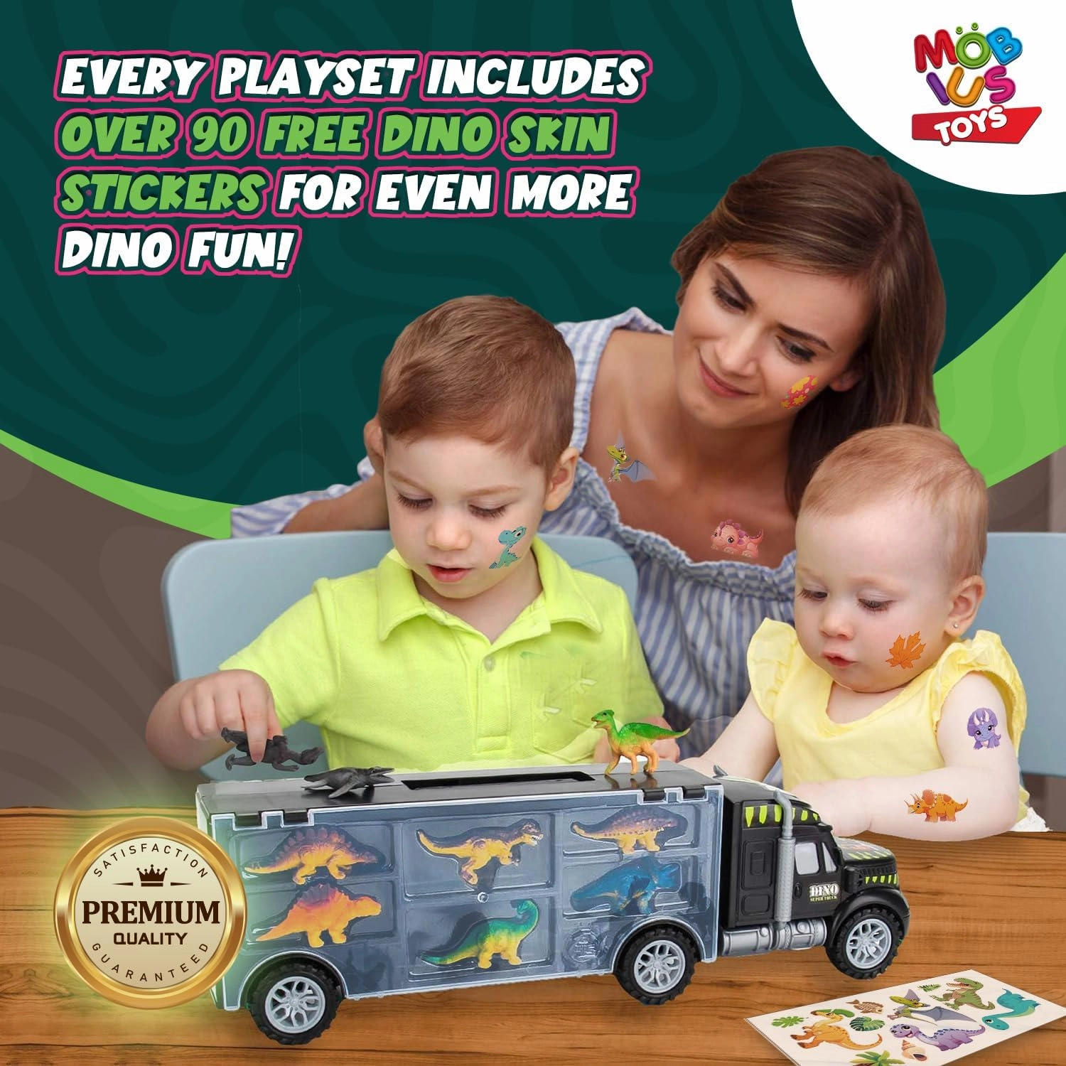 MÖBIUS Toys Dinosaur Truck Carrier – 12-Piece Dino Playset with Toy Figures & Dino Skin Stickers – Fun Jurassic Gift for Kids Ages 3-7