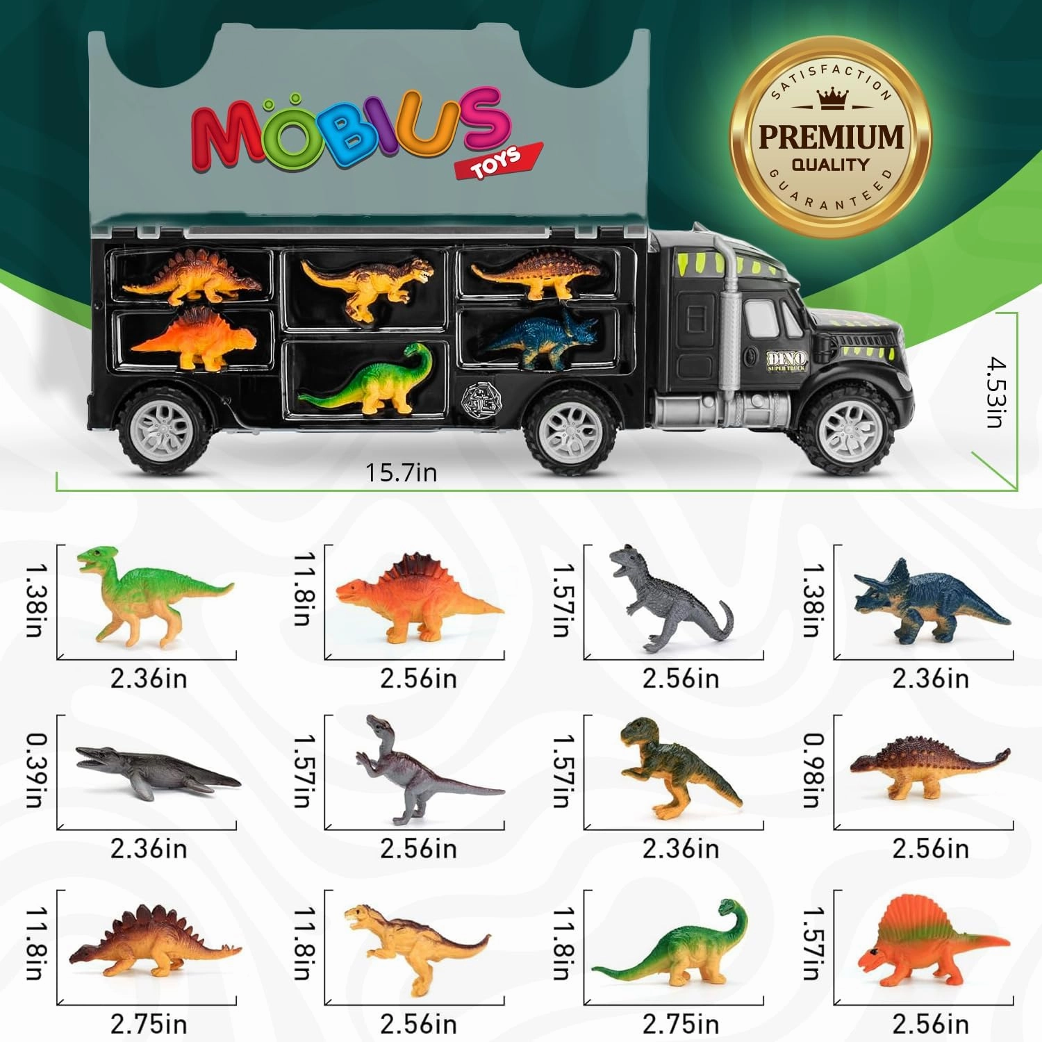 MÖBIUS Toys Dinosaur Truck Carrier – 12-Piece Dino Playset with Toy Figures & Dino Skin Stickers – Fun Jurassic Gift for Kids Ages 3-7