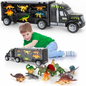 MÖBIUS Toys Dinosaur Truck Carrier – 12-Piece Dino Playset with Toy Figures & Dino Skin Stickers – Fun Jurassic Gift for Kids Ages 3-7