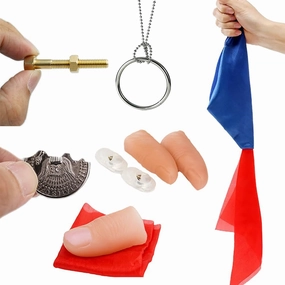 Neliky Magic Tricks Kit Including 6 Classic Tricks - Bite Coin, Color Change Silk, Disappearing Silk Fake Thumb,Magic Ring Chains,Magic Light Up Finger Thumb, Autorotation Rotating Nut