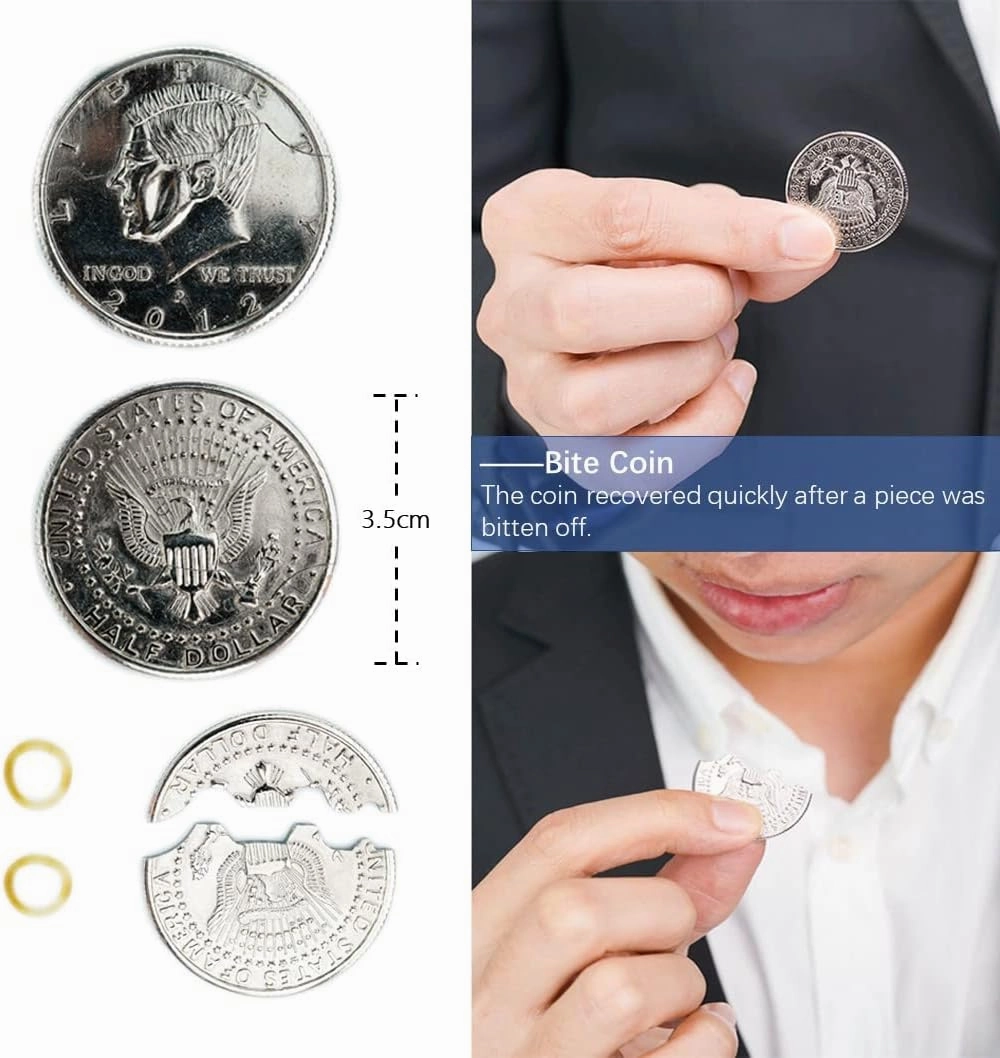 Neliky Magic Tricks Kit Including 6 Classic Tricks - Bite Coin, Color Change Silk, Disappearing Silk Fake Thumb,Magic Ring Chains,Magic Light Up Finger Thumb, Autorotation Rotating Nut