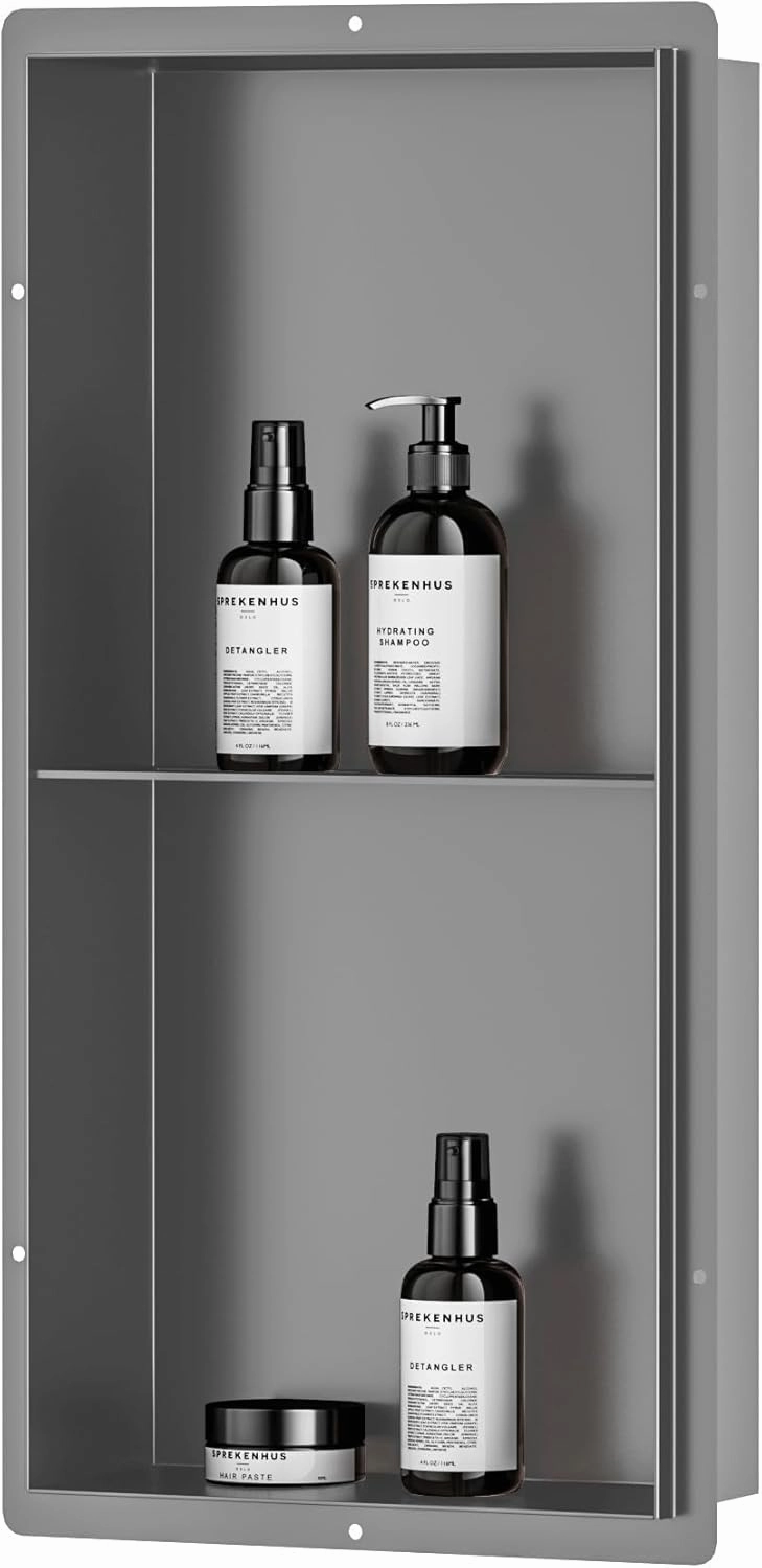 Neodrain 24X12Inch Rimless Shower Niche, 2-Tier Gun Metal Wall Niche Stainless Steel Recessed Wall Niche for Bathroom Storage