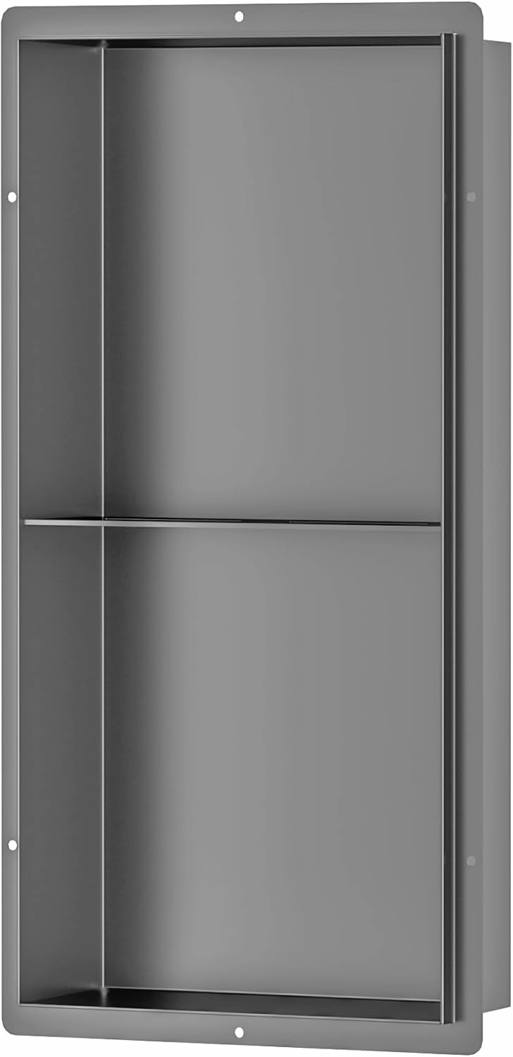 Neodrain 24X12Inch Rimless Shower Niche, 2-Tier Gun Metal Wall Niche Stainless Steel Recessed Wall Niche for Bathroom Storage