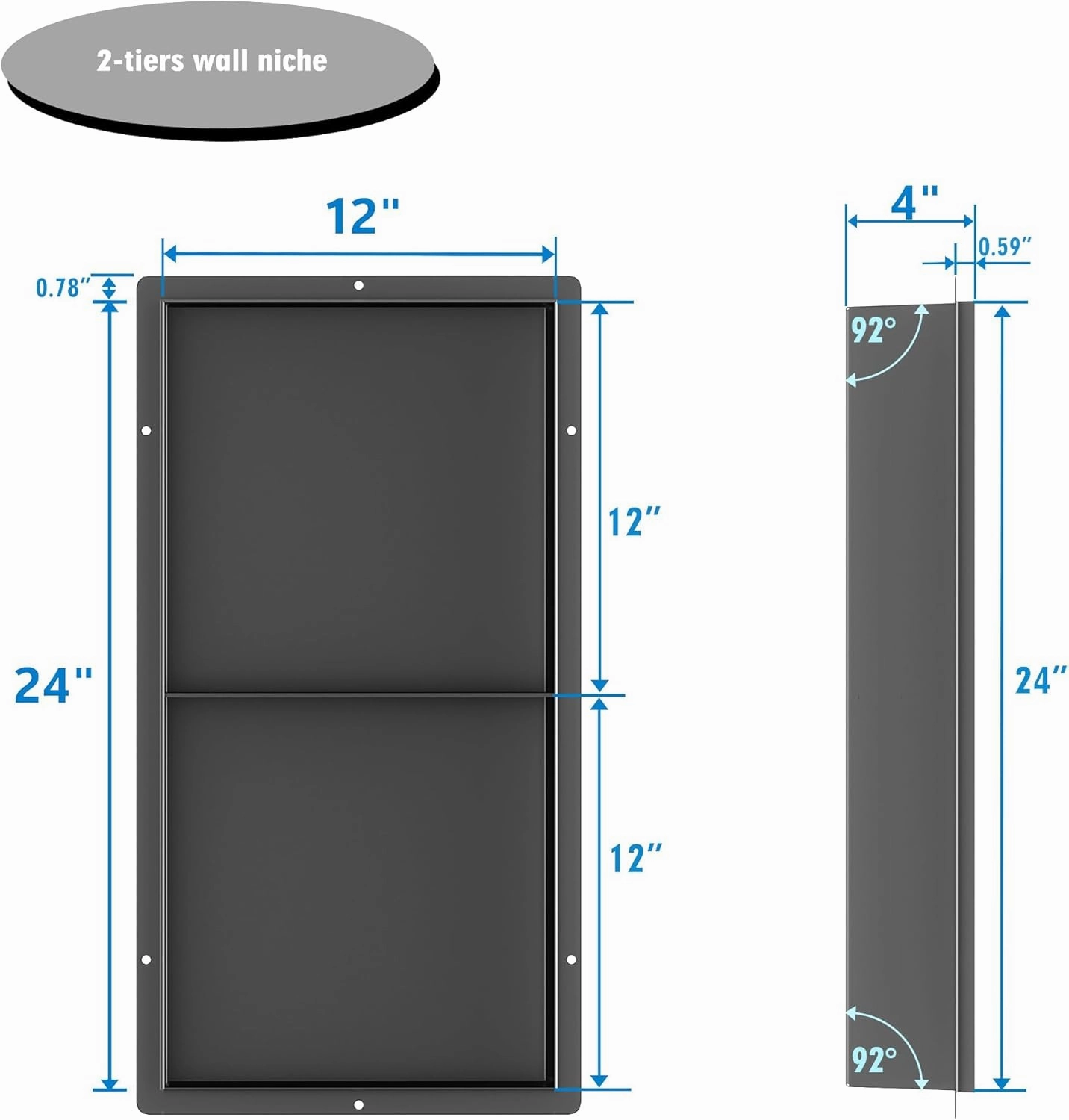 Neodrain 24X12Inch Rimless Shower Niche, 2-Tier Gun Metal Wall Niche Stainless Steel Recessed Wall Niche for Bathroom Storage