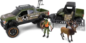 NKOK Realtree 1/18 Scale Free-Wheel Playsets 10-PC Set, RT Ford F-250 Super Duty w/ Polaris Ranger on Trailer & Accessories (Roof Rack, Hunter, Helmet, Game Hoist, Roll Bar, Elk, Bow&Arrows)