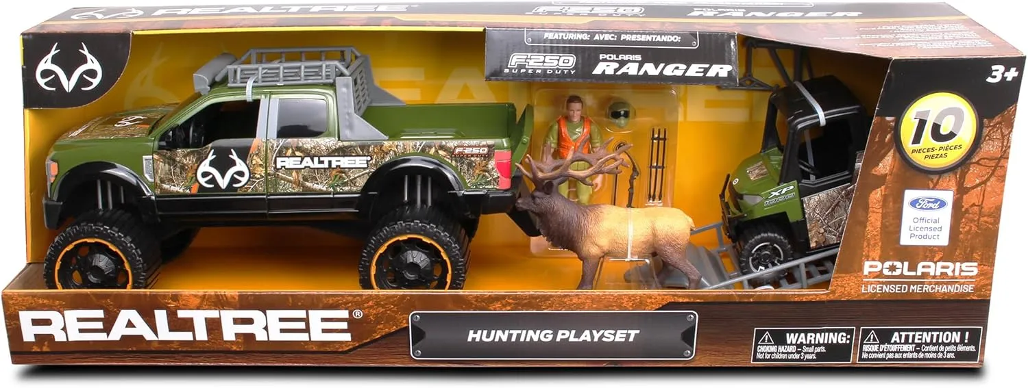 NKOK Realtree 1/18 Scale Free-Wheel Playsets 10-PC Set, RT Ford F-250 Super Duty w/ Polaris Ranger on Trailer & Accessories (Roof Rack, Hunter, Helmet, Game Hoist, Roll Bar, Elk, Bow&Arrows)