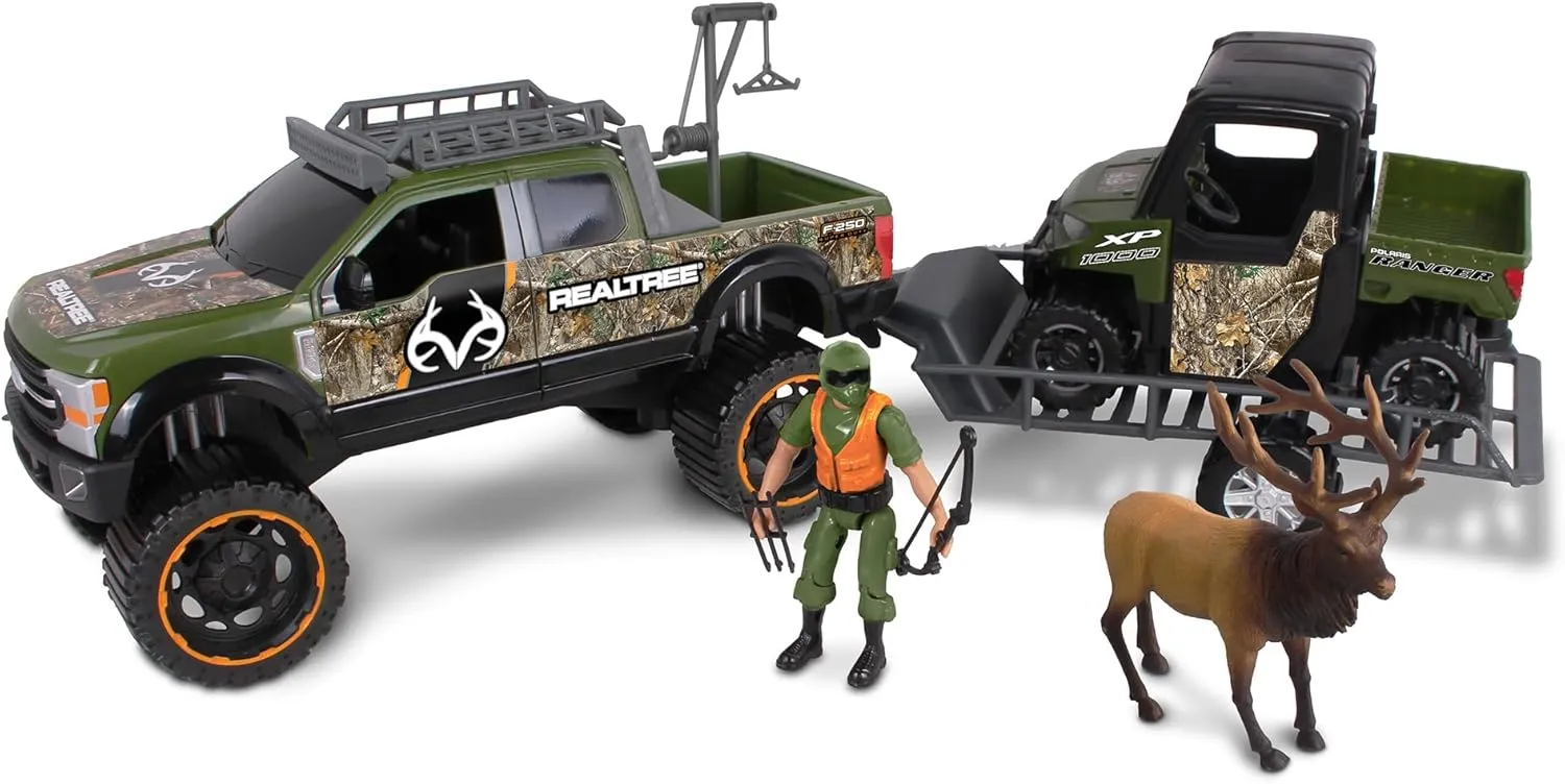 NKOK Realtree 1/18 Scale Free-Wheel Playsets 10-PC Set, RT Ford F-250 Super Duty w/ Polaris Ranger on Trailer & Accessories (Roof Rack, Hunter, Helmet, Game Hoist, Roll Bar, Elk, Bow&Arrows)