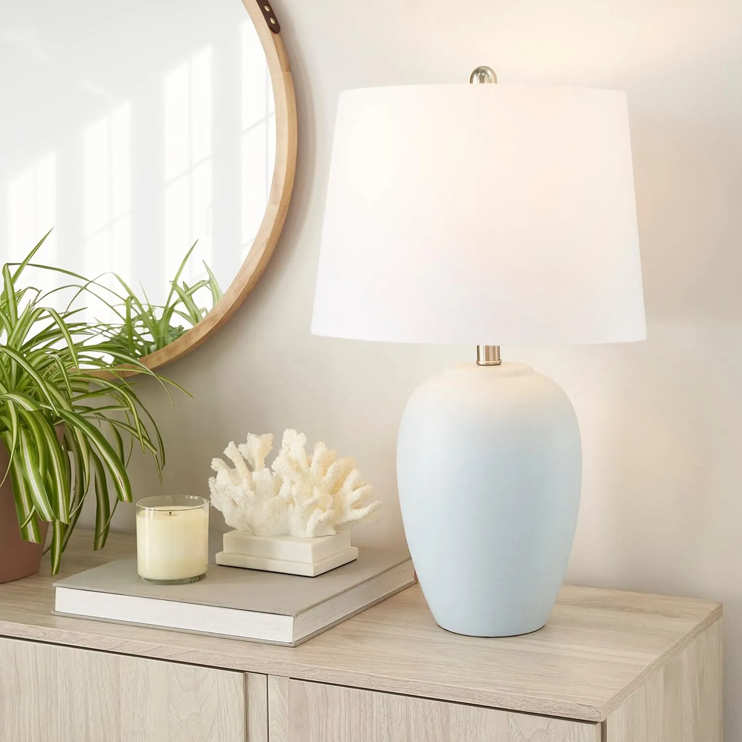 Nourison 23" Coastal Blue Ceramic Pot Table Lamp for Bedroom, Living Room, Dining Entryway, with White Shade