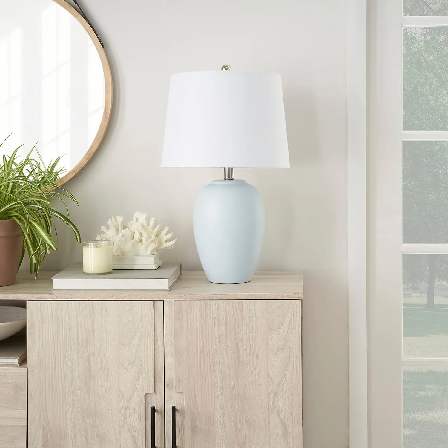 Nourison 23" Coastal Blue Ceramic Pot Table Lamp for Bedroom, Living Room, Dining Entryway, with White Shade