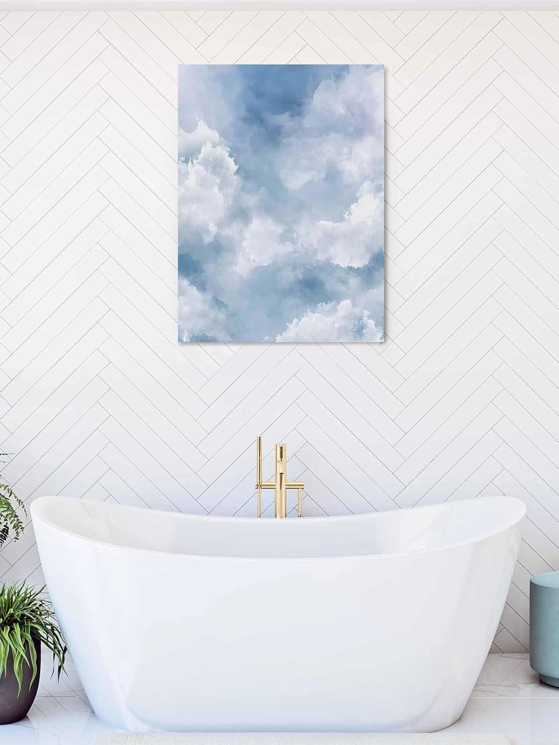 NuYeBiofx Abstract Blue Sky White Cloud Canvas Wall Art Prints,40"x28" Framed Picture Artwork Watercolor Gradient Graffiti Art Printed Canvas Oil Painting for Living Room Bedroom Office,Ready to Hang