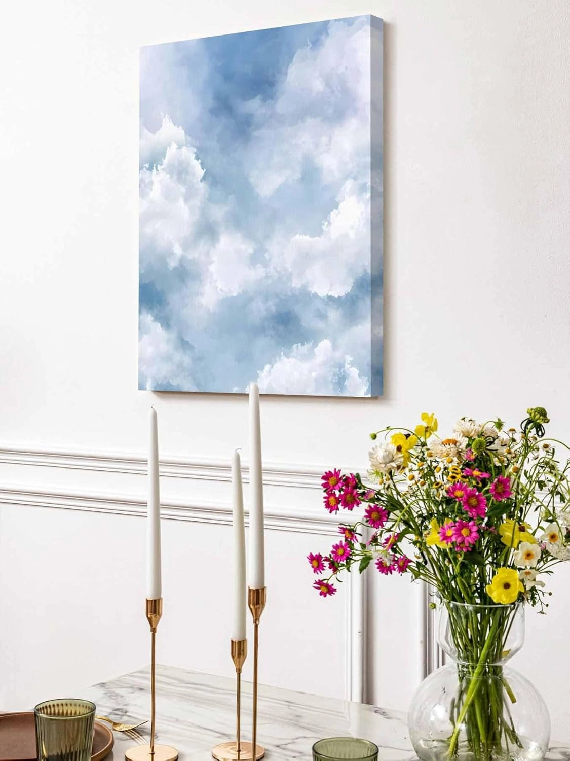 NuYeBiofx Abstract Blue Sky White Cloud Canvas Wall Art Prints,40"x28" Framed Picture Artwork Watercolor Gradient Graffiti Art Printed Canvas Oil Painting for Living Room Bedroom Office,Ready to Hang